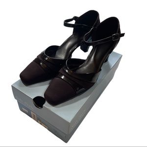 Y2K 90s Soft Style Brown Leather Strap Heels Shimmer Clara Square To